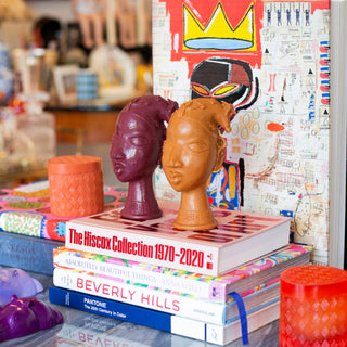 Lori Heads on top of coffee table books along with hippos and red vessel affrique